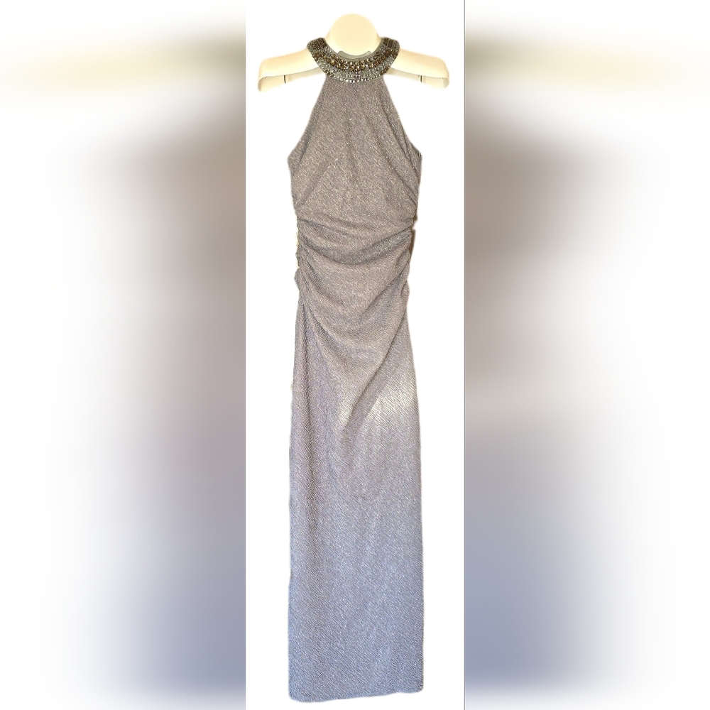 VTG Cachet Metallic Silver Beaded Halter Gown - Size 4